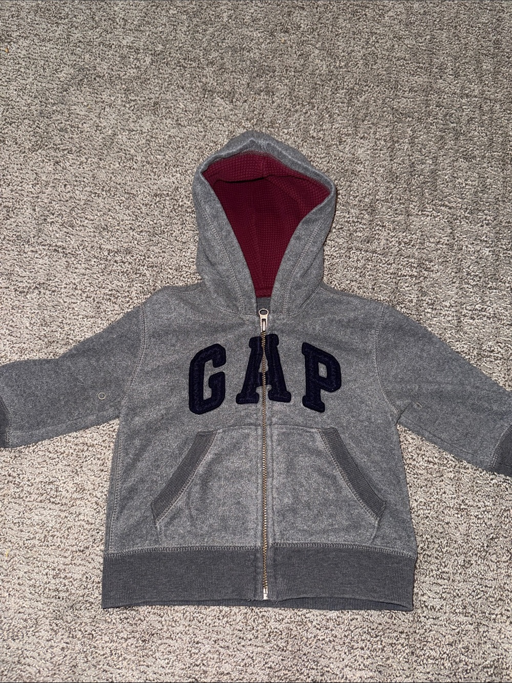 GAP Gray Zip Hoodie with Navy Logo and Red Hood Lining 12-18m